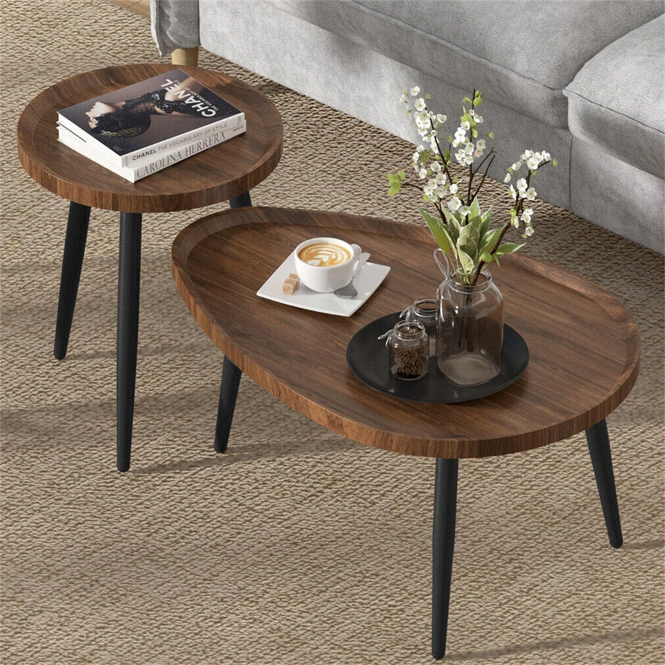 2PCS Mid-Century Coffee Table Set Solid Wood Nesting Tables Accent Ottoman Table - image 3 of 4