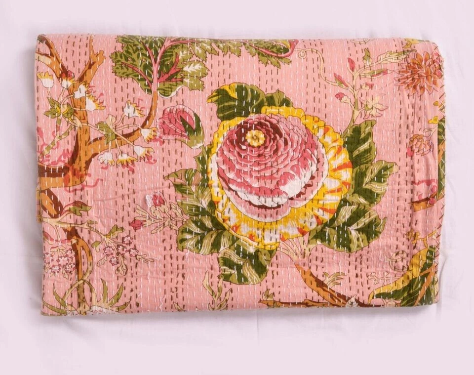 Indian Cotton Kantha Quilt Hand Block Pink Floral Print King Blanket Bedspread - Image 2 of 4