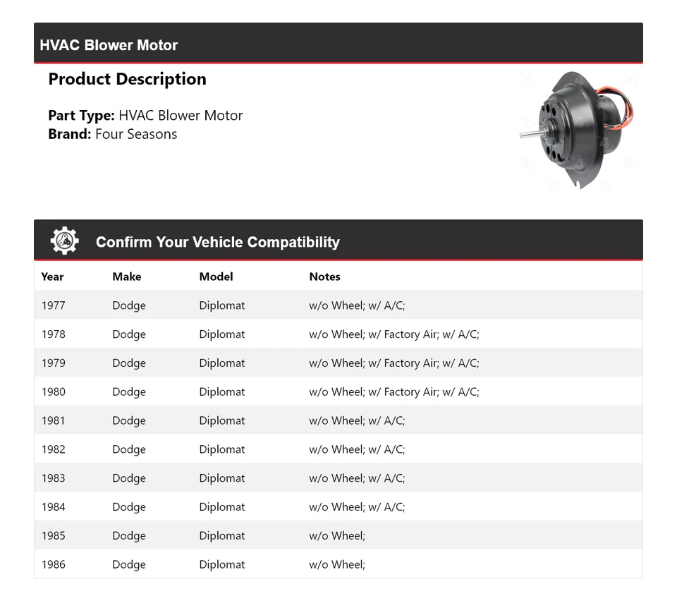 For 1977-1986 Dodge Diplomat HVAC Blower Motor 4 Seasons 1978 1979 1980 1981 - Image 2 of 4