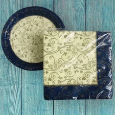 Vintage DesignWare Luncheon Napkins Dessert Plate Gold Blue Floral Leaf USA Made