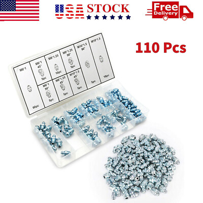 110 Piece Hydraulic Grease Zerk Fitting METRIC Kit -Straight 90 Degree 45 Degree