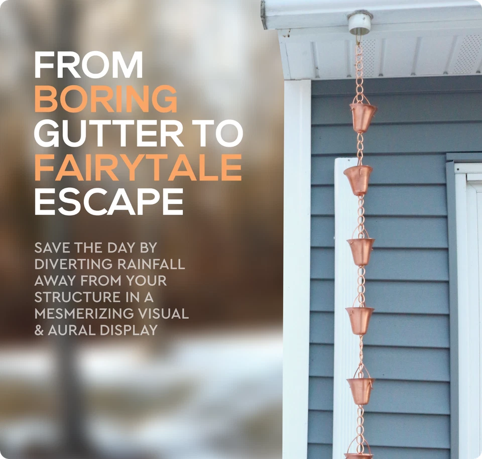 Cadena de agua de cobre Marrgon con tazas en forma de campana - Cadena de lluvia duradera y gruesa Foto 4 de 4