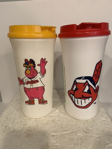 Vntg Cleveland Indians 46oz Travel Mug W/Lid Set Of 2 Chief Wahoo & Slider RARE - Picture 20 of 24