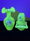 Fenton Vaseline Topaz Rib Optic Vase G. Fenton & 3 Piece Hydrangea Fairy Lamp LT