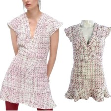 Zara Tweed Mini Dress Pink White Multicolour Ruffle Hem V Neck Woven Size XS