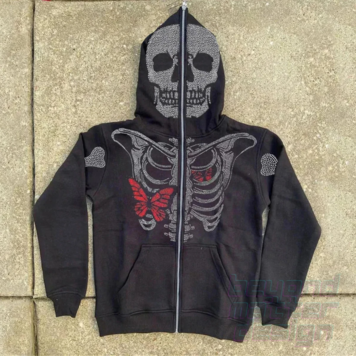 Y2k Skeleton Full Zip Up Hoodies Over Face Women Men Rhinestone