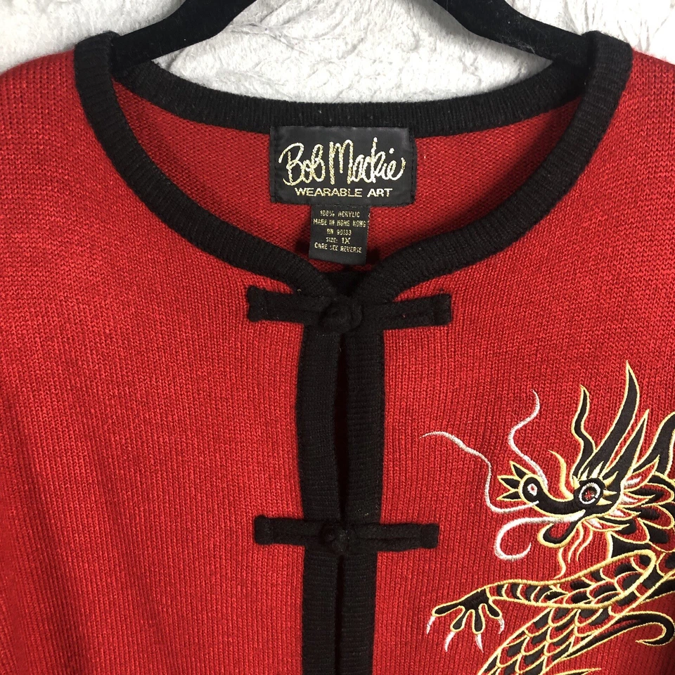 Cárdigan Bob Mackie para mujer 1X talla grande rojo arte para usar dragón bordado asiático Foto 3 de 4