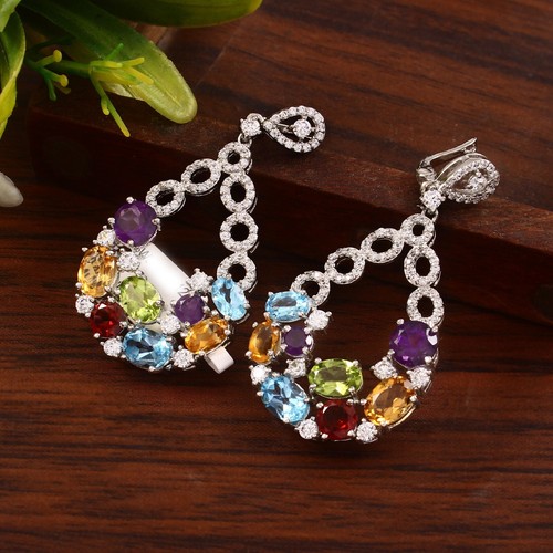 Teardrop Sterling Silver Earrings Natural Multi Gemstone and CZ Wedding Jewelry - 第 1/8 張圖片
