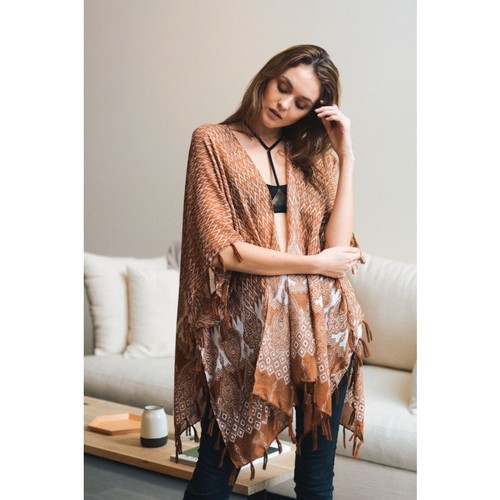 LETO Paisley Tassel KIMONO Scarf Cover Up Wrap Camel Beige OS Reg $36.95 - 第 2/4 張圖片