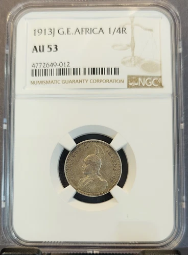 1913 GERMAN EAST AFRICA SILVER 1/4 RUPIE NGC AU 53 HIGH GRADE SCARCE COIN