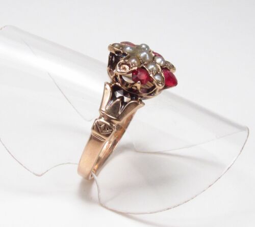 Antique Victorian Era 9K Gold Seed Pearl Red Rhinestone Cluster Ring Sz 6 As-Is - Picture 5 of 14