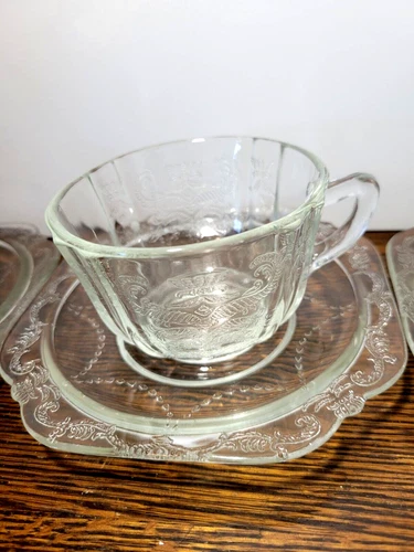 Indiana Glass Madrid Pattern Set of 3 Clear Cup & Saucers vtg.