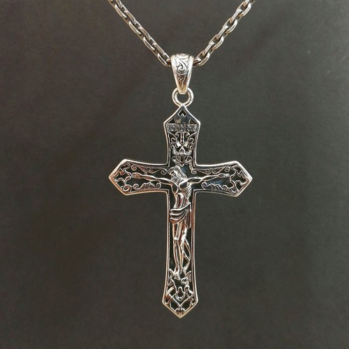 Shiny 925 Sterling Silver Crucified Jesus Cross Pendant Beautiful Scroll Ornate - Picture 7 of 9