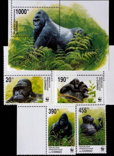 RDC GORILAS-4 timbres + 1 S/Sh- lot-MNH, RDC 91 - Photo 1 sur 1