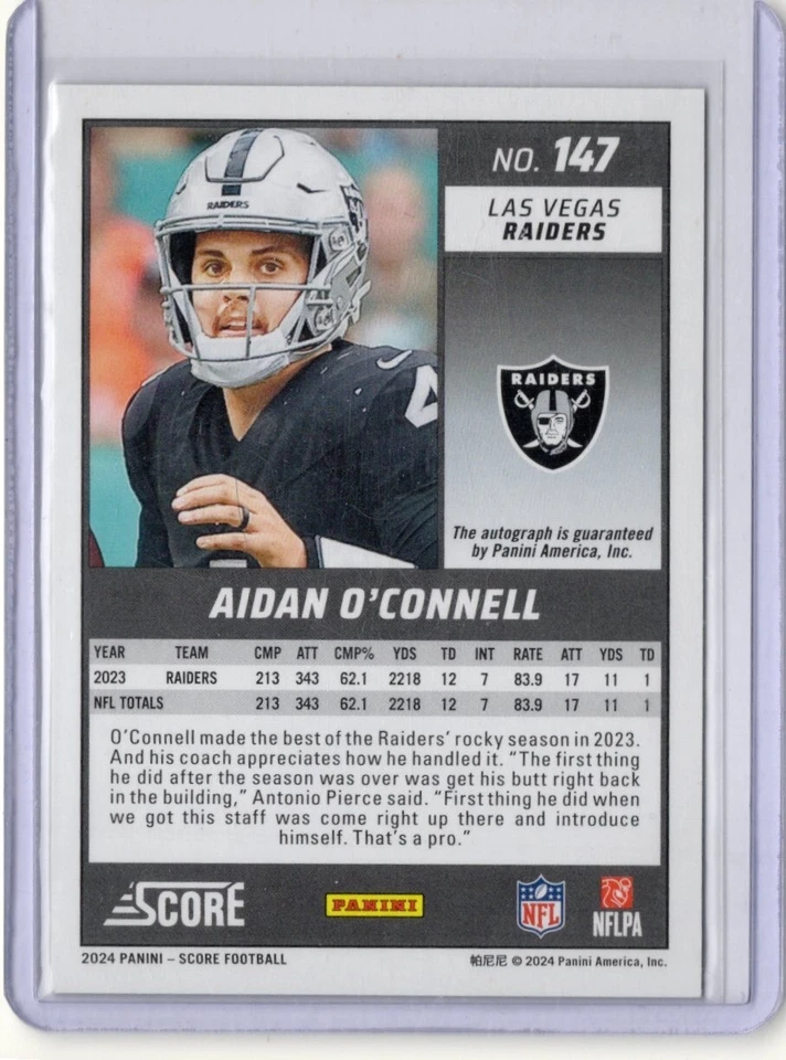 Aidan O'Connell 2024 Score End Zone Green Auto #147 1/6 - Image 2 of 2