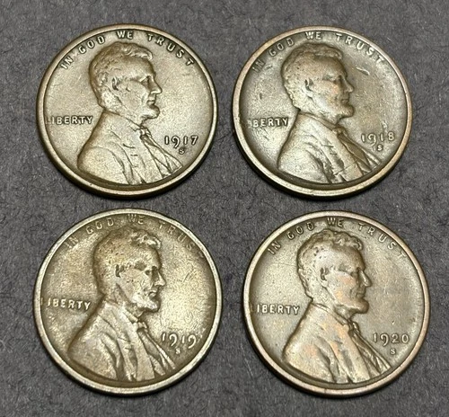 1917-S 1918-S 1919-S 1920-S Lincoln Wheat Cent Penny - Lot of 4 S Mints - VG-F