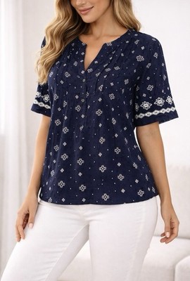 LOFT Navy Embroidered Split Neck Flutter Sleeve Blouse XS 100% Cotton
