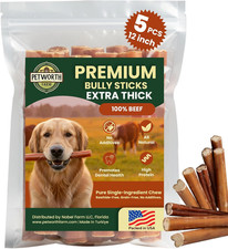 5 Pack 12 Inch Extra Thick Bully Sticks for Aggressive Chewers 100 Beef Pizzl