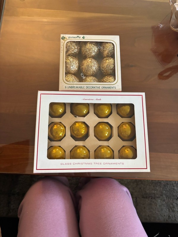 2 Sets of Vintage Gold Glass Christmas ornaments Unbreakable Pyramid and Sears
