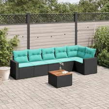 7 Piece Patio Sofa Set with Cushions Black Poly Rattan