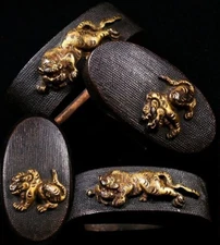 Fuchi Kashira Tiger Inlay Nanako Japanese Sword Fitting Edo Antique *No Box