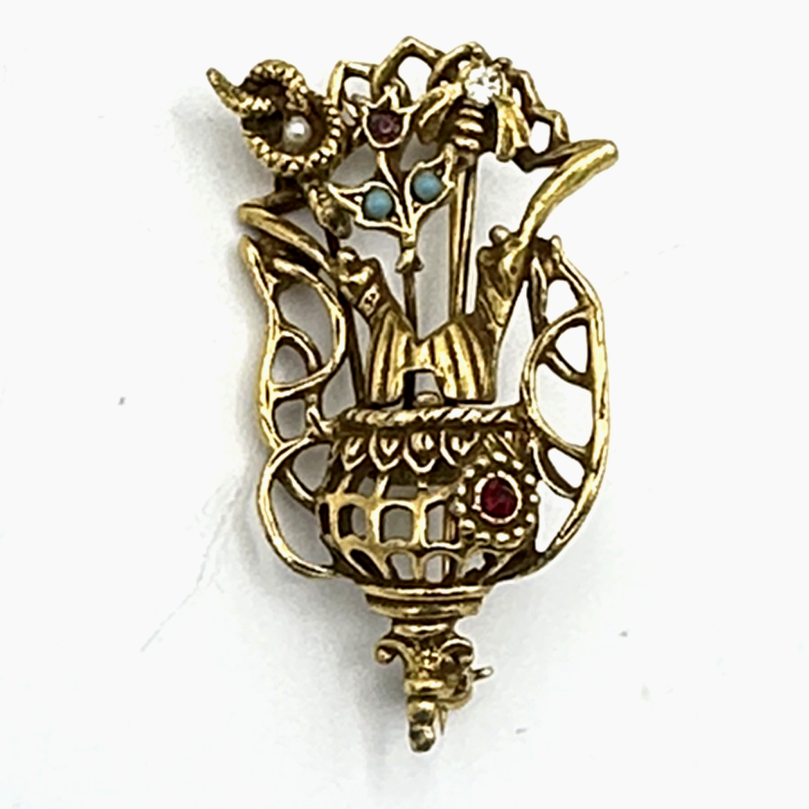 Snake Baskit GOLDETTE vintage brooch - unsigned Victorian Revival flower urn basket ...