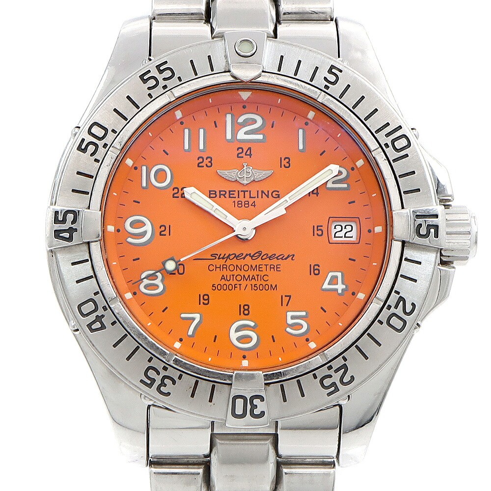 BREITLING Ocean A17360 Date 1500m Water Resistant Orange SS Stainless Steel Men'