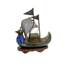 Chinese Silver Filigree and Enamel Miniature Bird Ship Figurine mid century