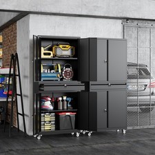 Metal Garage Storage Cabinet with Wheels,Rolling Cabinet with 4 Doors for Home