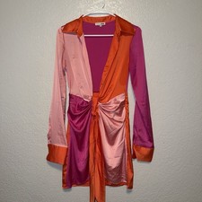 Fashion Nova Satin Mini Dress Size XS, Deep V Neck, Orange Pink, Pearl Buttons