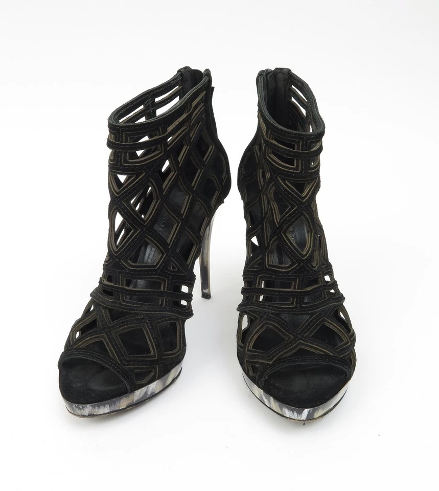 Sandalias de aguja Burberry negras de gamuza con patrón geométrico plataforma recortada 36,5 EU Foto 2 de 4