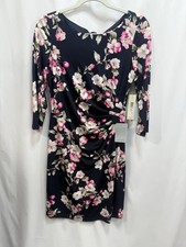 New Eliza J Size 6 Floral Ruched 3/4 Sleeve Sheath Dress Navy Multicolor