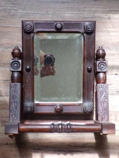 ANTIQUE VICTORIAN BEVELED SHAVING MIRROR STAND DECORATED WOODEN
