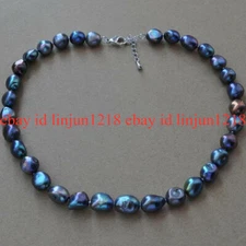 Natural 8-9mm Peacock Black Freshwater Cultured Baroque Pearl Necklace 18''