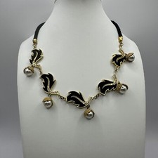 Victorian Revival Gold Tone Faux Pearl Leaf Choker Necklace 16  