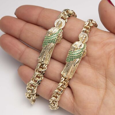 Emerald CZ Saint Jude Rolo Link Chain Bracelet Box Lock Real 10K Yellow Gold