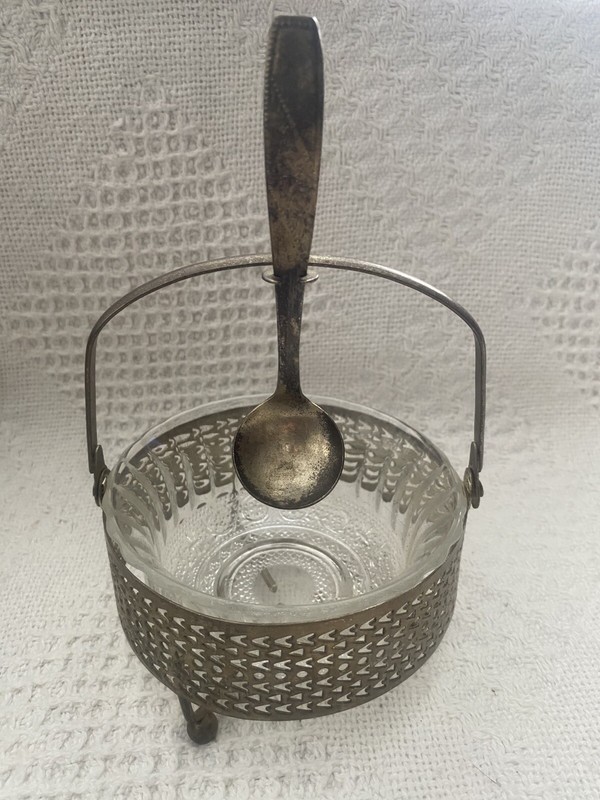 Vintage Ornate Sugar, Nut, Jam, Condiment Serving Dish W/Attached Spoon