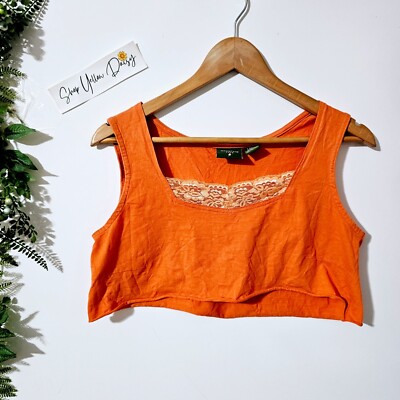 Orange Lace-Trimmed Cotton Tank Top Mountain Lake Large Hand Cropped ~TT40.2