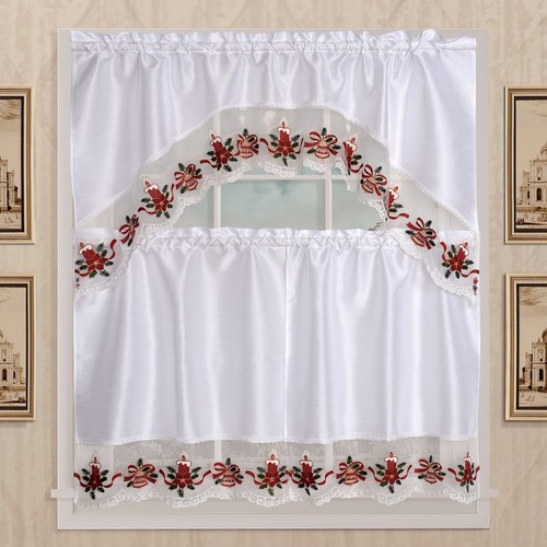 Kitchen Curtain Set 3 PC Christmas Window Decor, Ruffled Swag Valance & Tiers - Picture 34 of 54