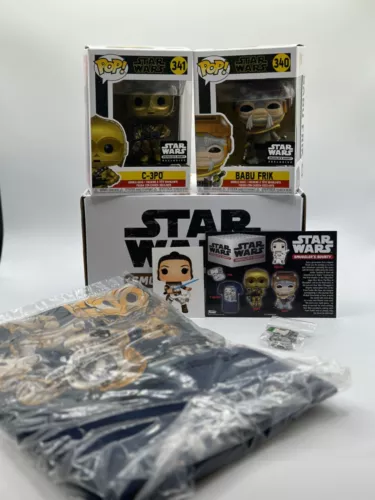 Funko Star Wars Smugglers Bounty Box POP 341 C-3PO 340 Babu Frik 2XL T-Shirt Pin