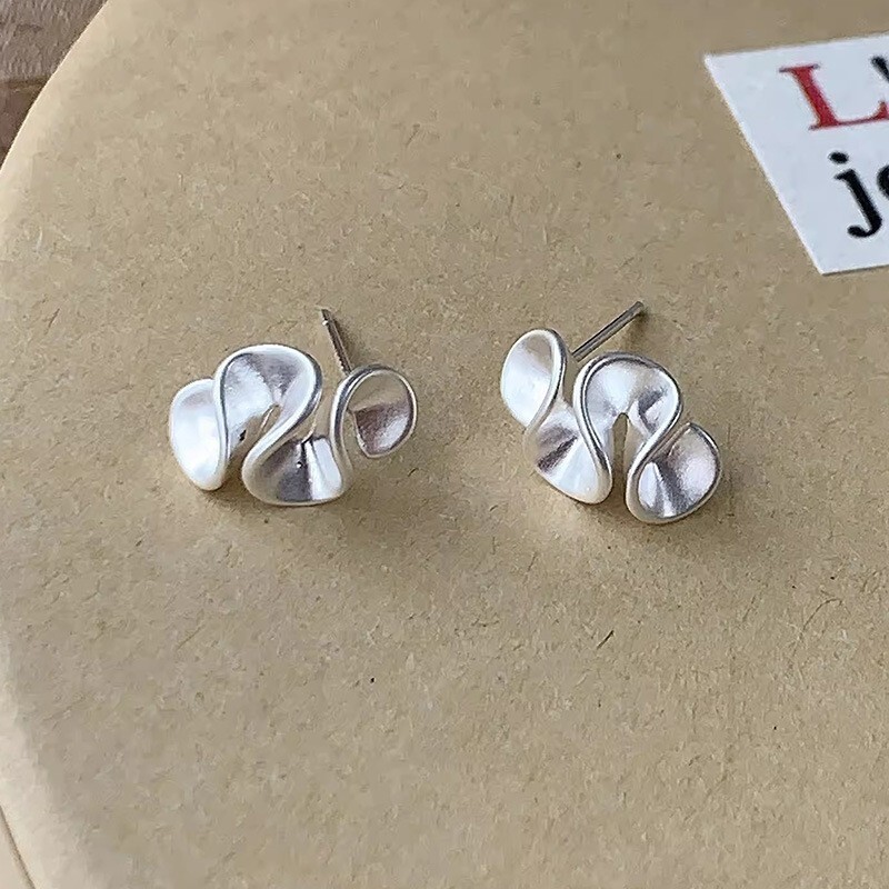 Women Silver Geometric Wave Stud Sculptural Ruffle Earrings Gift PE26