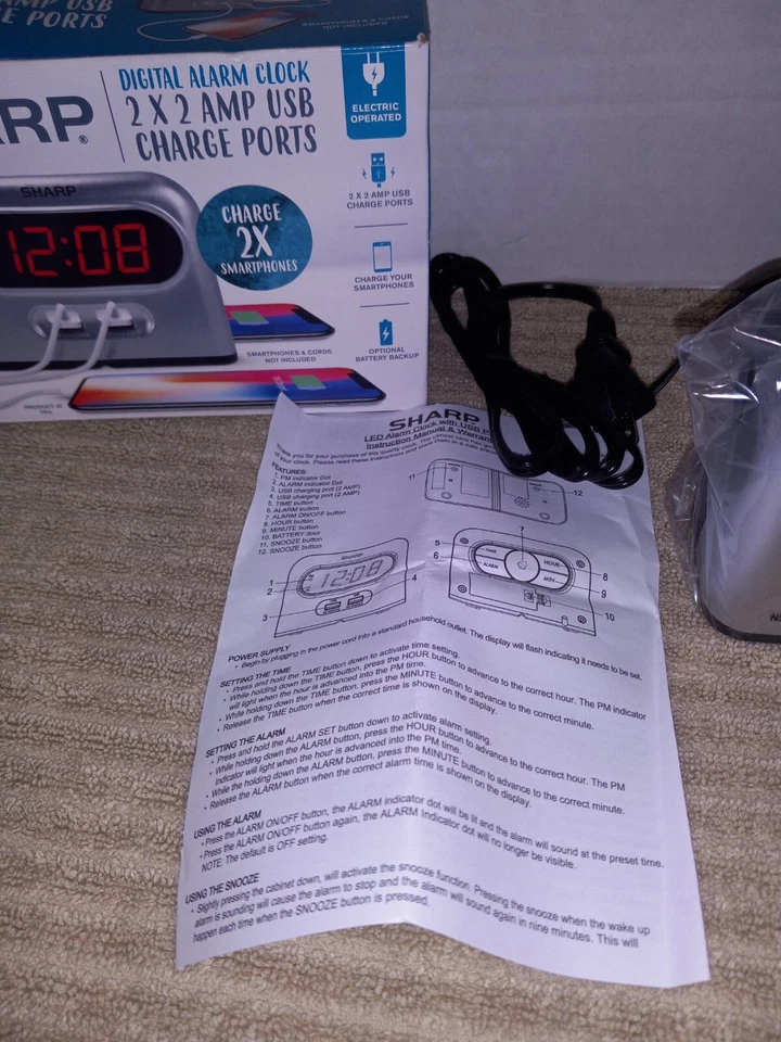 New SHARP Digital Alarm Clock 2 X 2 AMP USB Charge Ports Electric / Battery - Image 3 of 4