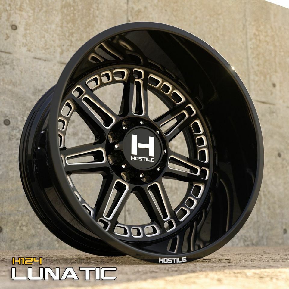 IN STOCK! 4- 24x14 Hostile Lunatic Black Milled H124 Wheels 8x6.5 