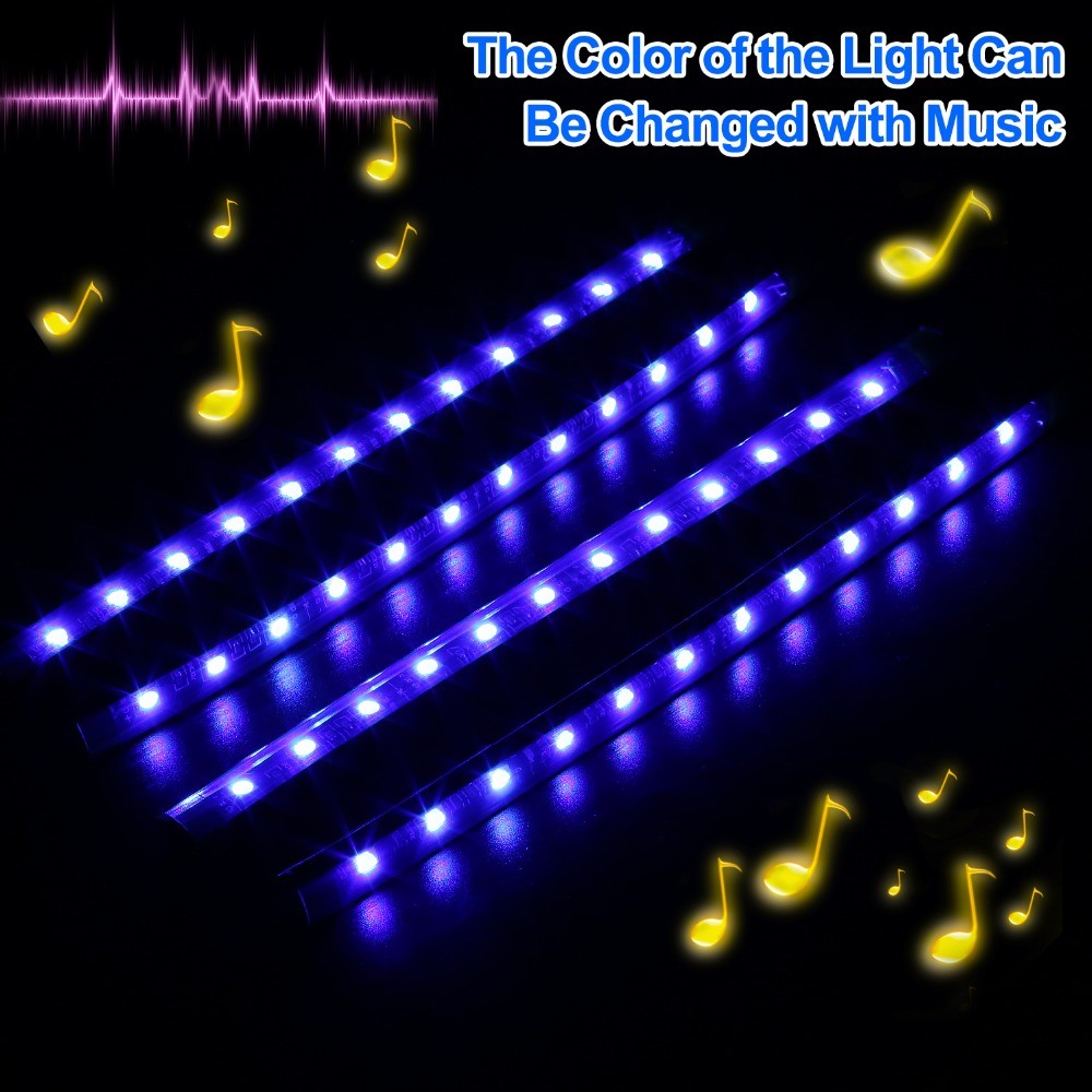 4x 12LED RGB LED Neon Strip Lights Music Remote Control Car Interior