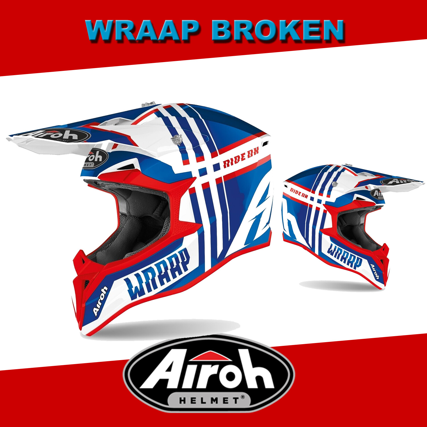 CASCO AIROH WRAAP BROKEN MOTOCROSS CROSS ENDURO SUPERMOTARD ROSSO BLU OPACO 2020