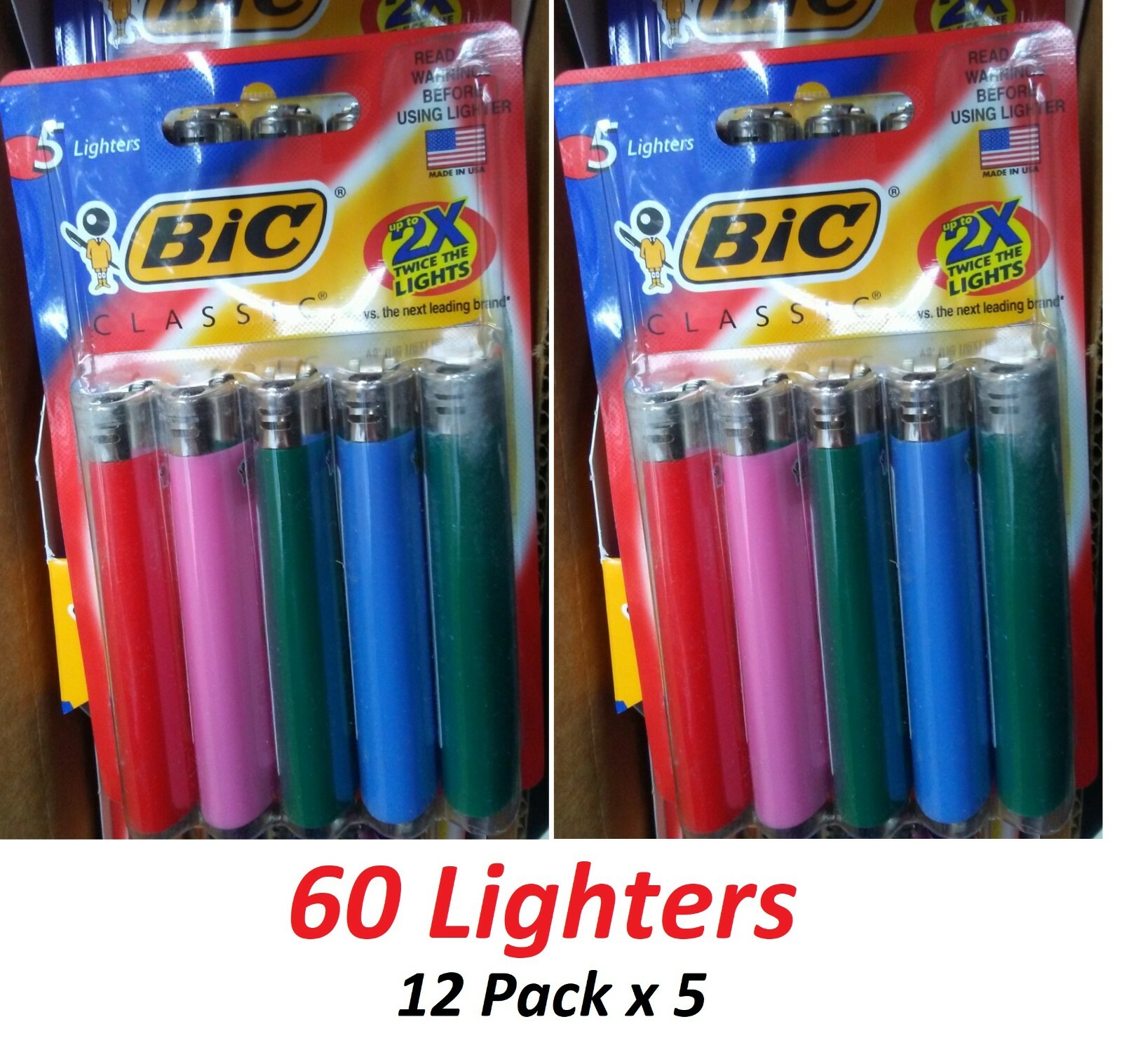 BIC Classic Pocket Lighter Full Size Large, Assorted, 60 Lighters (12 Packs x 5)