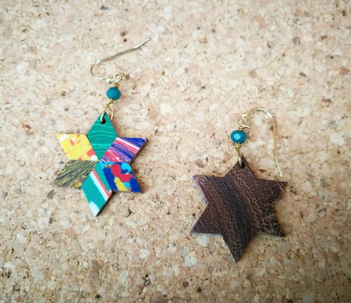 Hook Earrings Multi-coloured Clay & Wood "Star" Shape & Bead Handmade in India - Picture 5 of 7