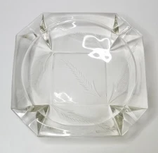 Octagon Ashtray Etched Glass Leave Design Cigar Heavy 9 inch MCM Vintage