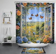 Garden Butterfly Blue Hydrangea Floral Shower Curtain Set for Bathroom Decor