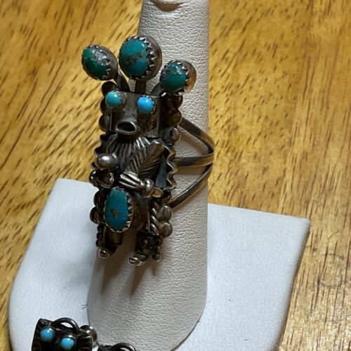 Navajo Kachina Sterling Silver Turquoise Ring And Earring Size 7 - Picture 3 of 7
